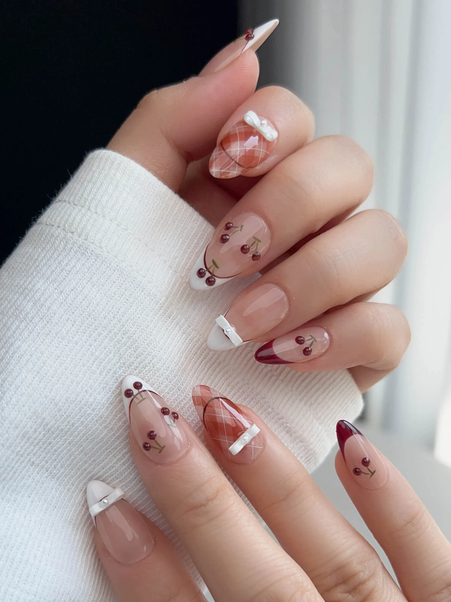 Fall Press-on Nails - White Tip and Red Cherry French Nails - Joyeenails brand