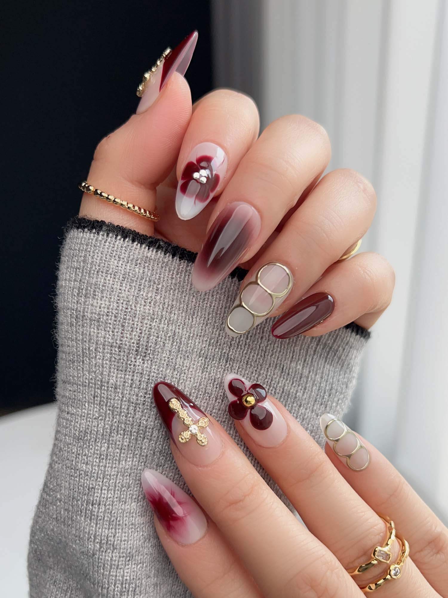 Fall Press-on Nails - Burgundy red color- Joyeenails brand